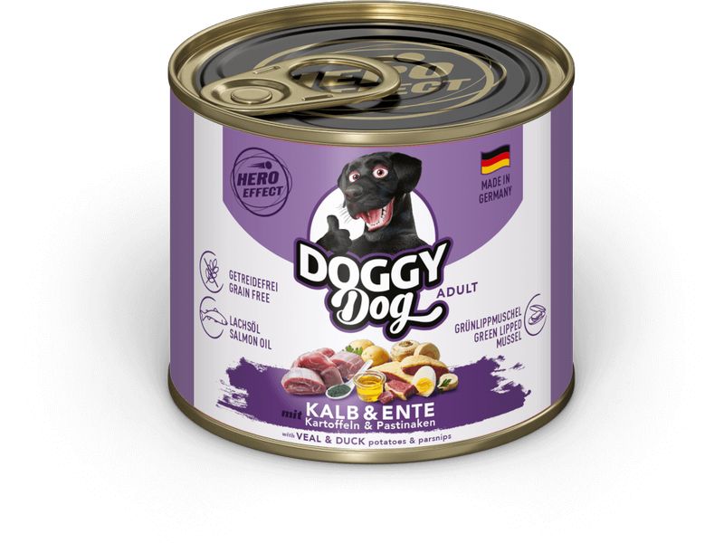 DOGGY Dog Nassfutter Dose Kalb, Ente Adult 200 g Alleinfuttermittel für ausgewachsene Hunde