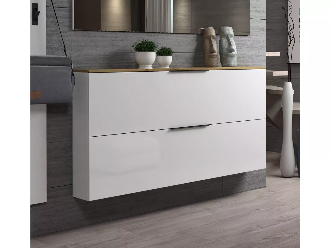 Meuble à chaussures Tubatse, Meuble à chaussures, Armoire d'entrée polyvalente, Rangement pour chaussures, Made in Italy, 160x19h80 cm, Blanc brillant et chêne