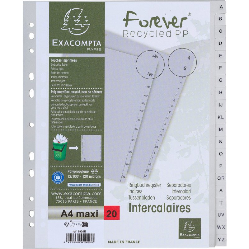 Intercalaire A4+ polypropylène Exacompta Forever 20 onglets alphabétiques gris - 1 jeu