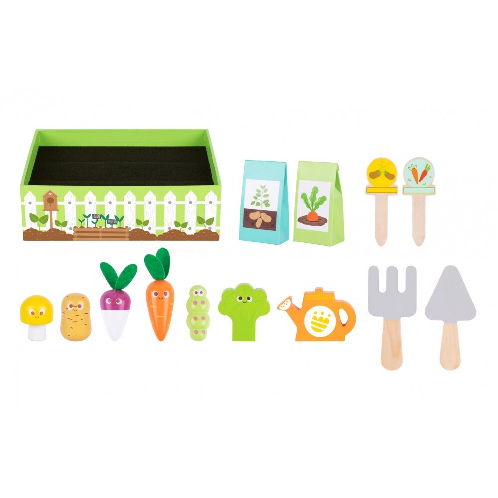 Tooky Toy Kinder-Gartenset TK315 Holz 14-teilig, Beet, Gemüse, Gießkanne, Samen grün