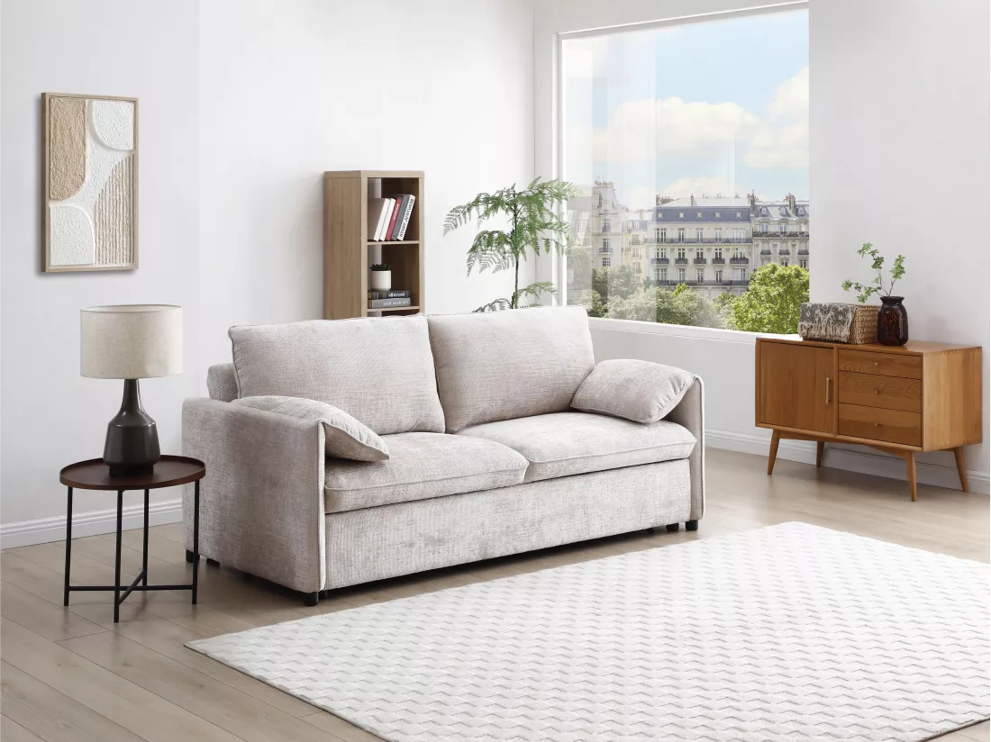Canapé 3 places convertible en tissu texturé beige ALPARETO