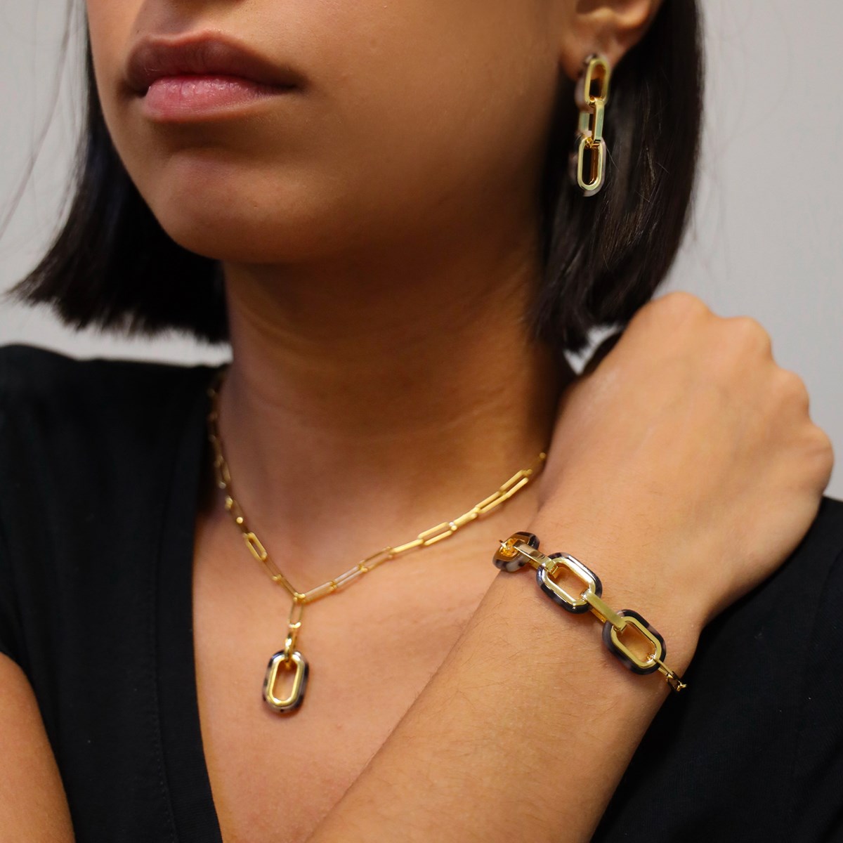 Parure Seven Collier Bracelet Boucles D'oreilles En Argent Doré Et Acétate