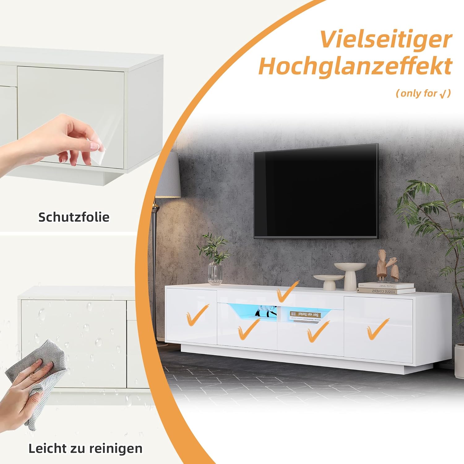 Merax TV-Schrank mit LED-Licht, Fernsehtisch Hochglanz, Modern TV Lowboard Board Schrank mit 2 Türen, 2 Schubladen, Offene Fächer, TV-ständer für Fernseher bis zu 75 Zoll, für Wohnzimmer, 180cm, Weiß