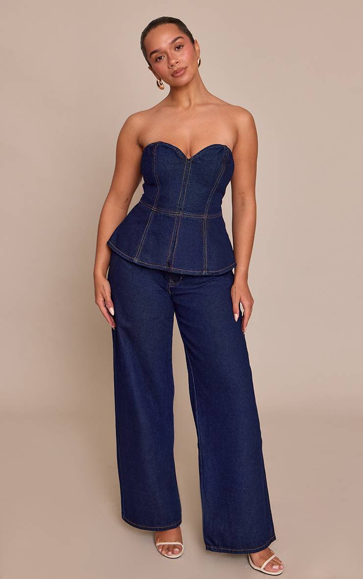 Bleu Indigo Top En Denim À Basque Col Cœur Shape