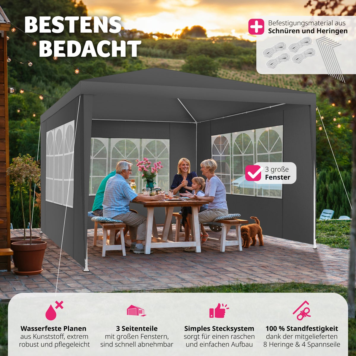 tectake Baraban 3 x 3 m paviljoen inclusief scheerlijnen en haringen