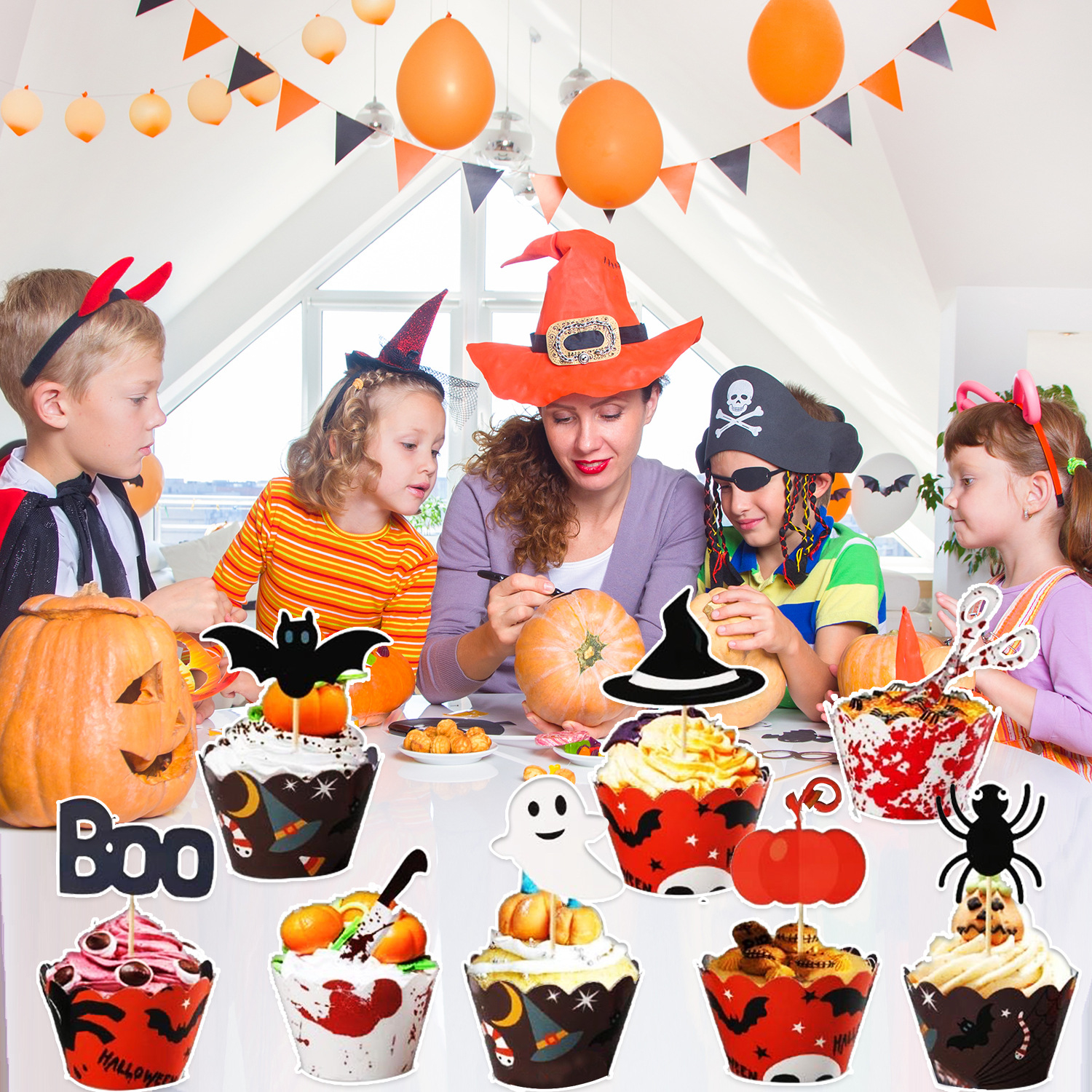 (48-tlg. Set) Halloween Kuchenstecker Grusel Tortenstecker Topper Dekoration   Cupcake Förmchen - Boo