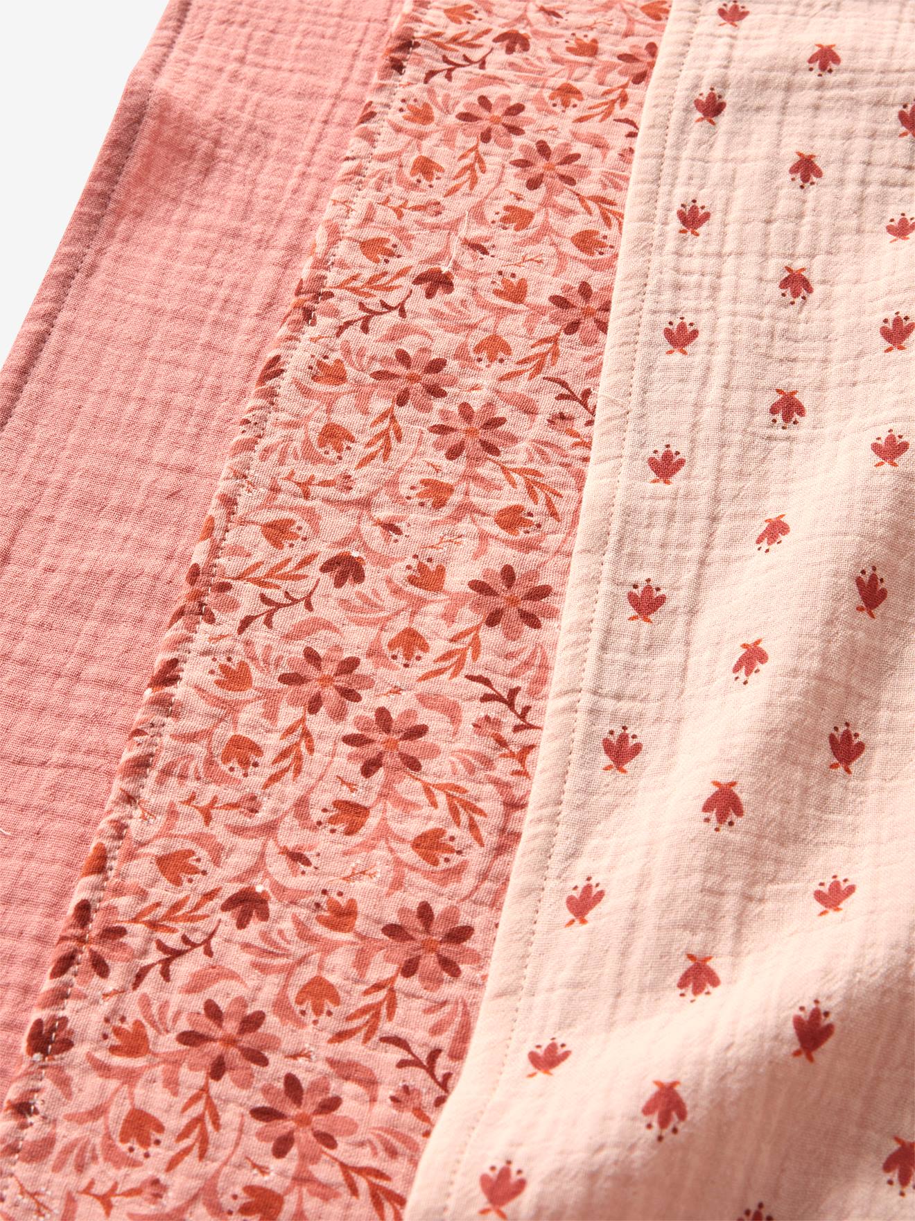 Lote de 3 paninhos de algodão lisos, estilo boêmio, para bebês, na cor rosa escuro, com estampas.