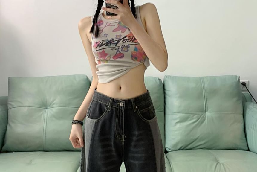 Chisan - Mid Rise Washed Panel Wide Leg Jeans