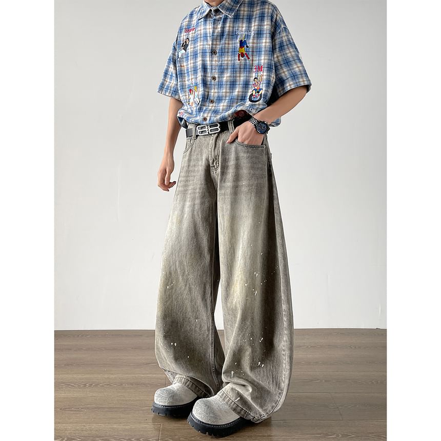 Filmas - Mid Rise Splash Print Washed Wide Leg Jeans