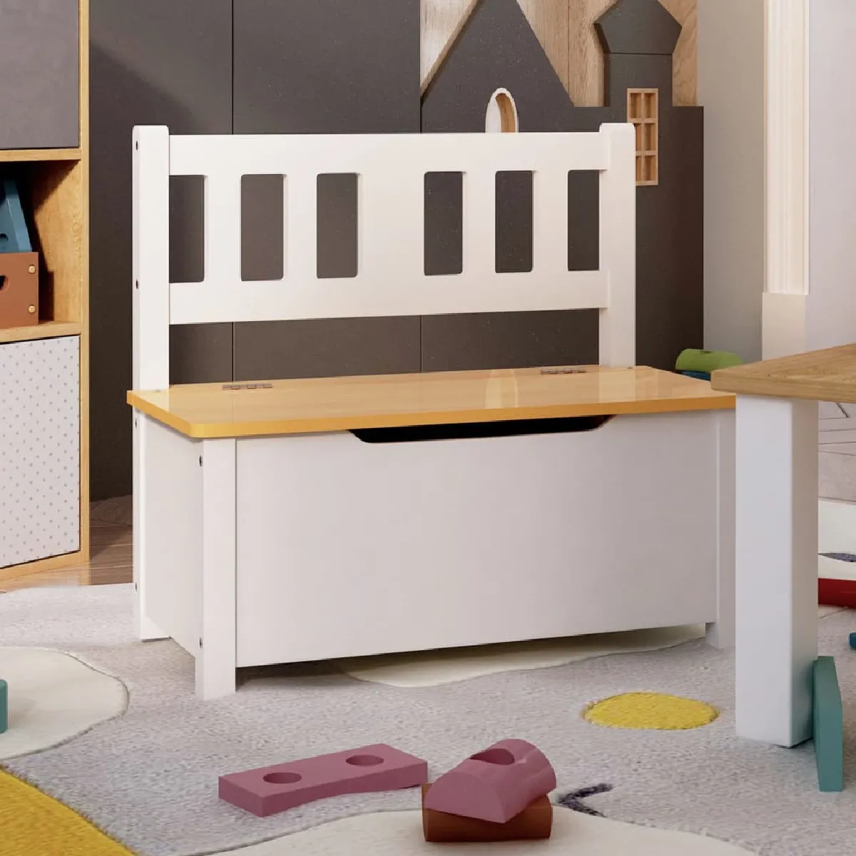 vidaXL Banc Rangement Enfants - Blanc/Beige