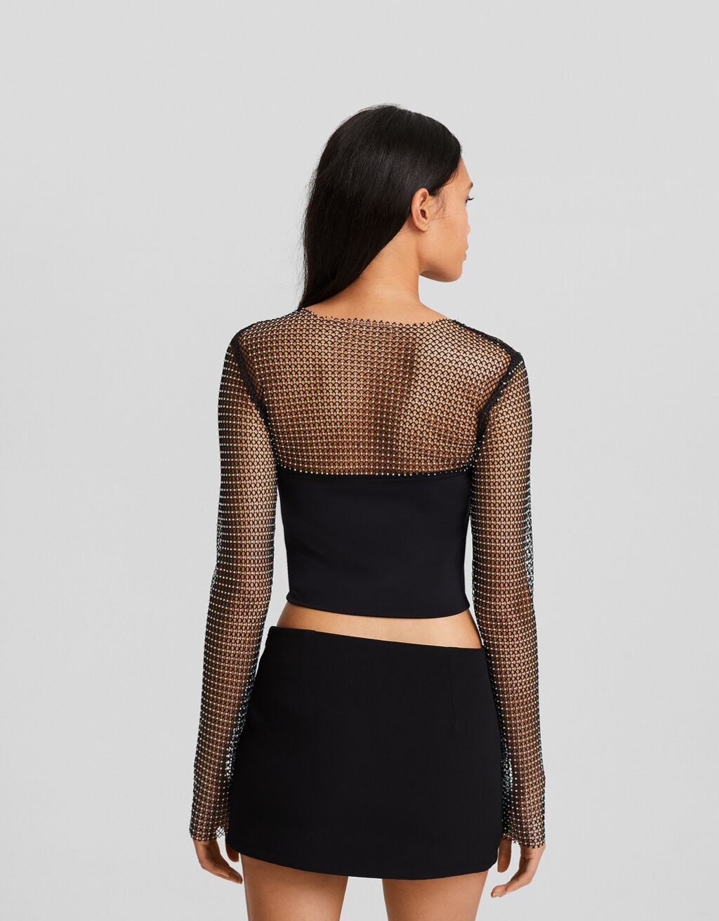 Camiseta de manga comprida em malha com strass