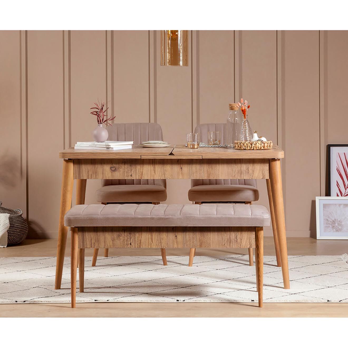 Homitis Ensemble Table + 2 Chaises + 1 Banc Vina beige/gris