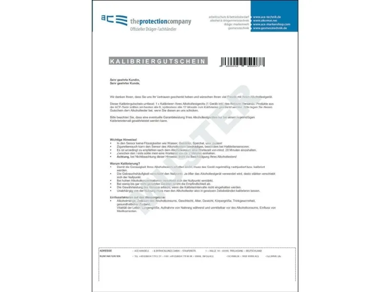 ACE 100082 Kalibreringscertifikat