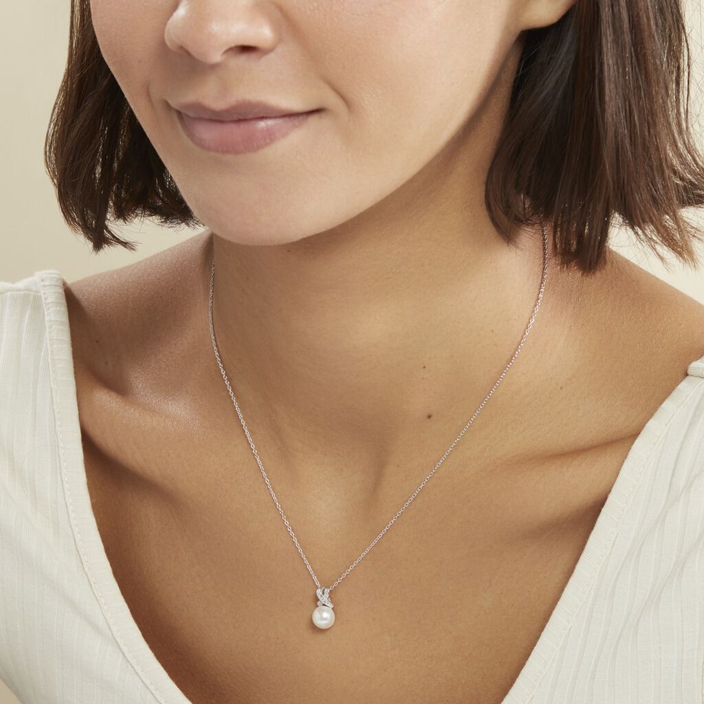 Collier Sathine Argent Blanc Perle De Culture Et Oxyde De Zirconium