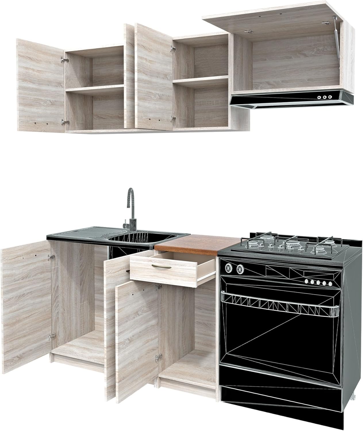Mirjan24 Küche Mela 180/120 cm, Küchenblock/Küchenzeile, 5 Schrank-Module frei kombinierbar (Sonoma Eiche/Petra Beige, mit LED Beleuchtung)