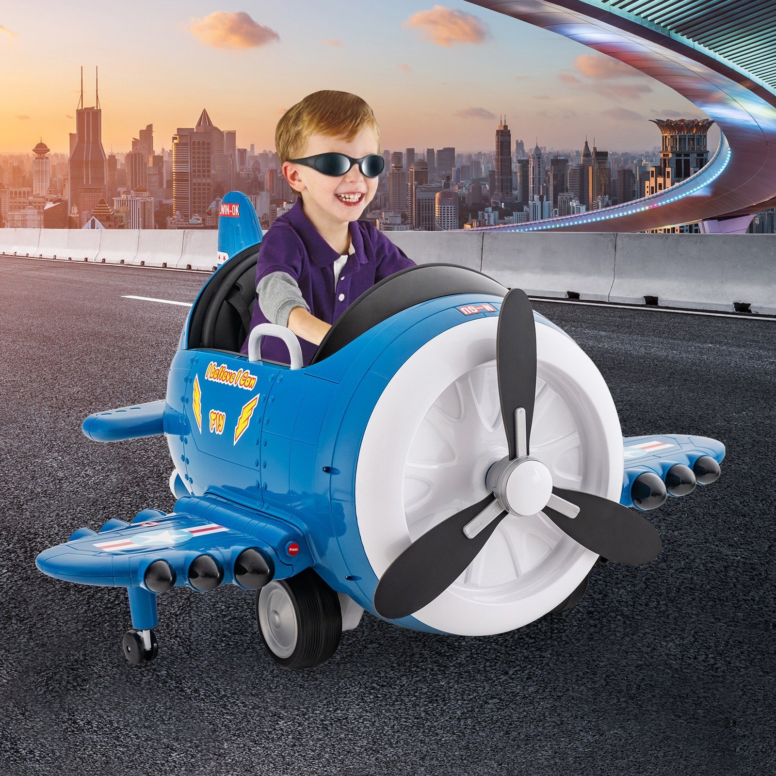 Carro elétrico infantil COSTWAY, avião elétrico com hélice, brinquedo de avião
