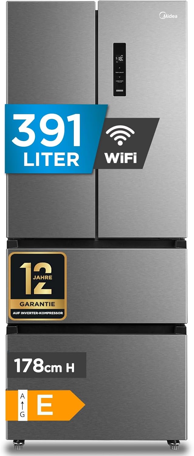 Midea French Door Kühl-Gefrierkombination/391 Liter NoFrost/Smart WiFi, Inverter & VarioBox/Energiesparend& Extrem Leise/Für Große Familien MERF402FIE02