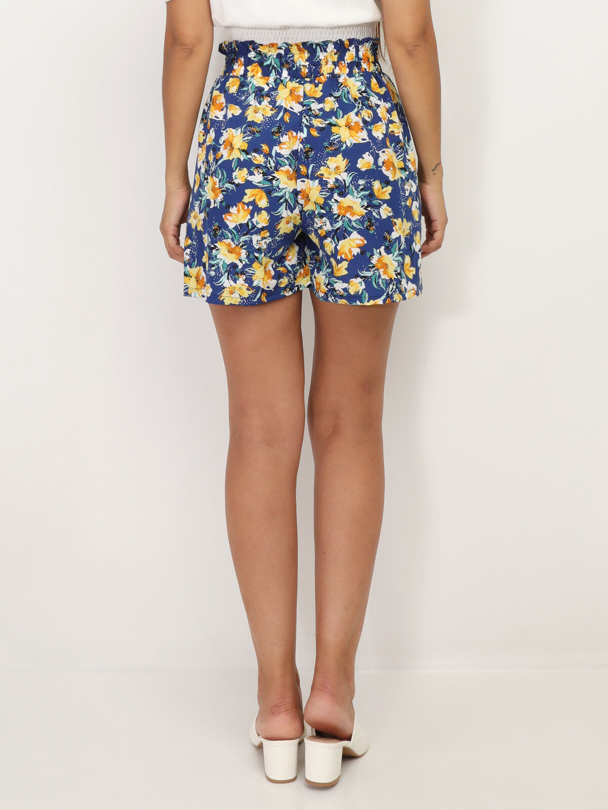 Short fluide à imprimé floral- Bleu