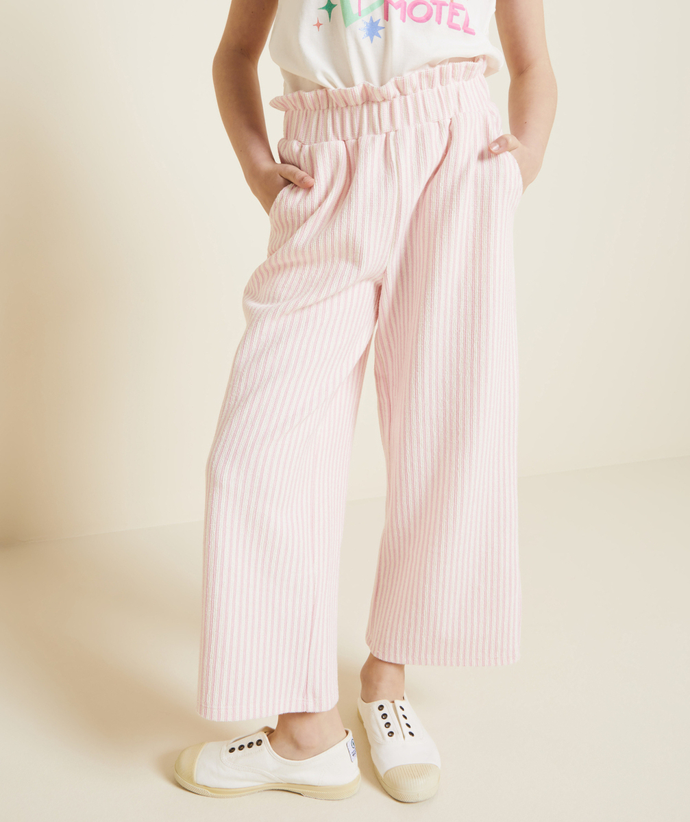 pantalon large fille en fibre recyclées rayé rose pâle et blanc