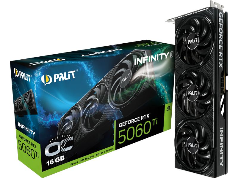 Palit Grafikkarte GeForce RTX 5060 Ti Infinity 3 OC 16 GB Grafikkarte mit 16 GB GDDR7-Speicher ermöglicht Auflösungen bis zu 8K