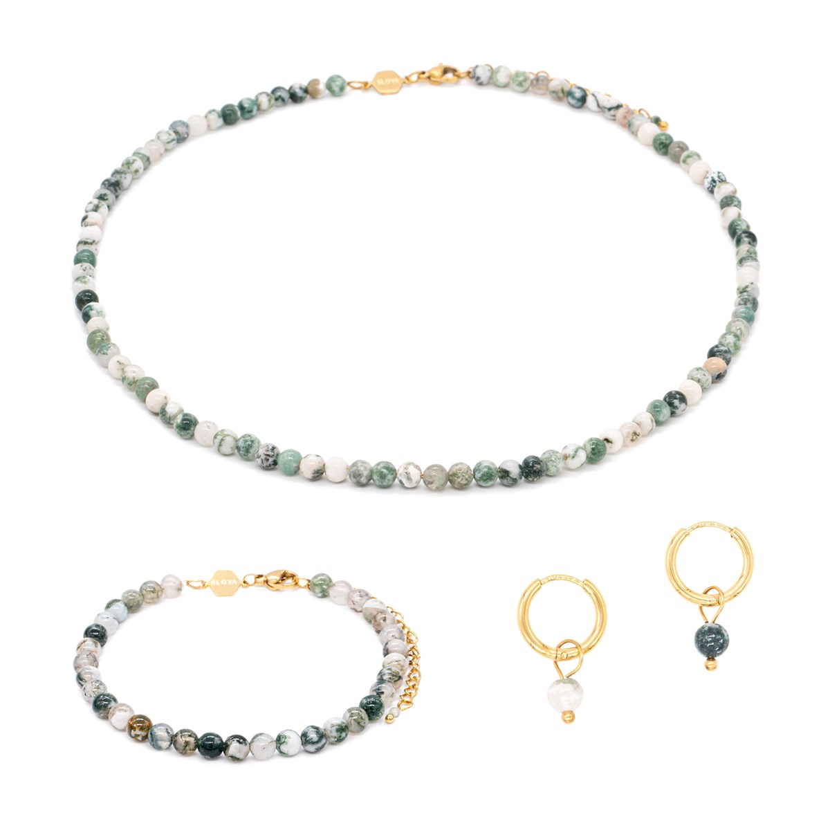 Collier, bracelet et boucles d'oreilles Serena en pierres Agate Arbre