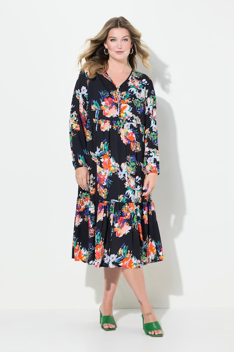 Midikleid, Blüten-Muster, Volant, Langarm
