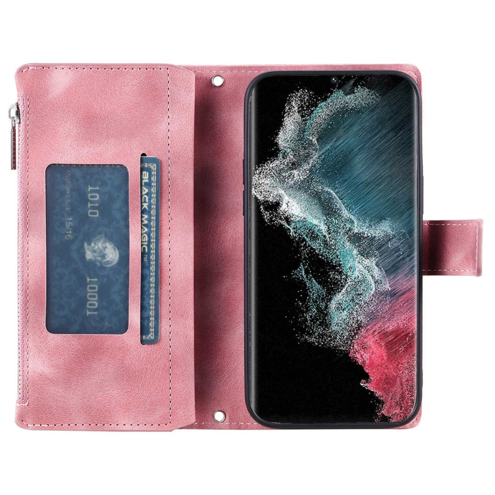 Samsung Galaxy S23 Ultra 5G Leder Tasche Flip Cover mit Reissverschluss - Mandala Flowers Imprint - Rosa