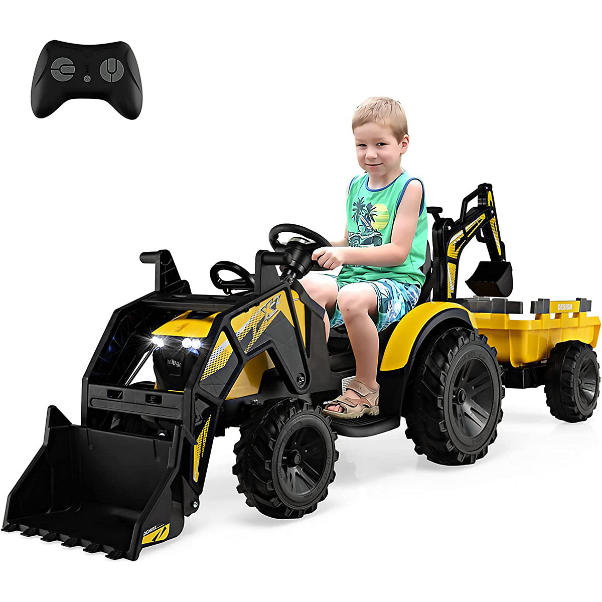 COSTWAY&reg; 12V Traktor mit Anh&auml;nger Elektroauto mit Fernbedienung & Musik gelb