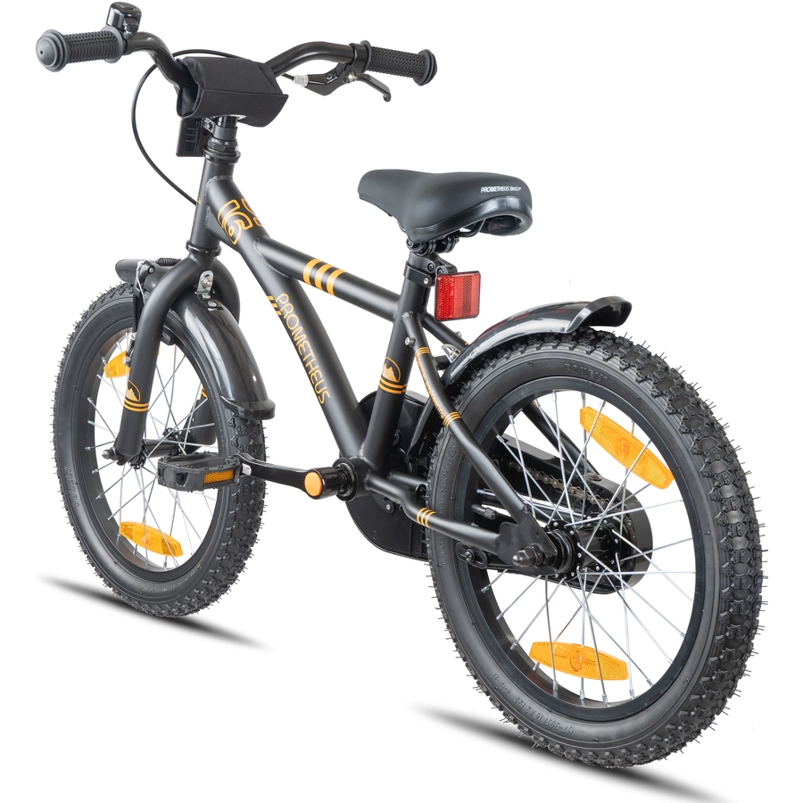 PROMETHEUS BICYCLES® Kinderfahrrad 16, Schwarz-Matt Orange mit Stützrädern