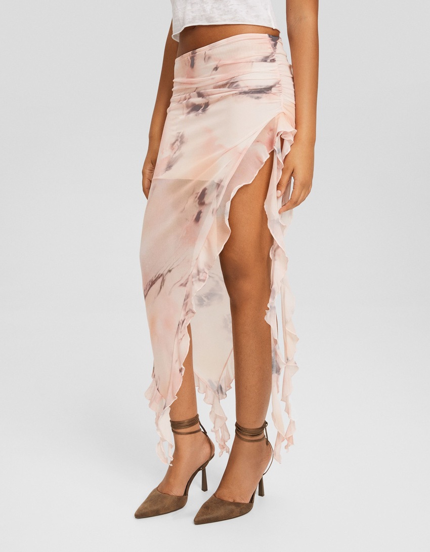 Saia midi de tule estampado com babados