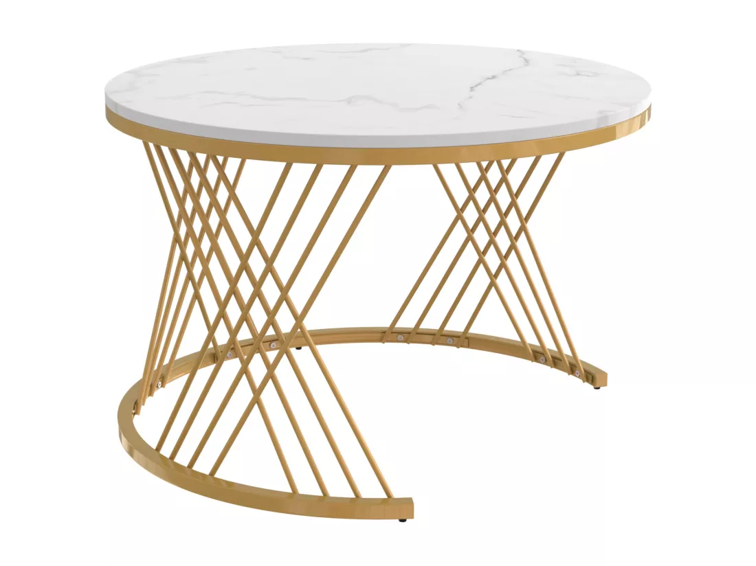 Lot de 2 table basse gigogne ronde, table d'appoint avec plateau en marbre et tiroirs en rotin, pieds en fer dorés - 70x70x45, 5+50x50x38, 5cm blanc