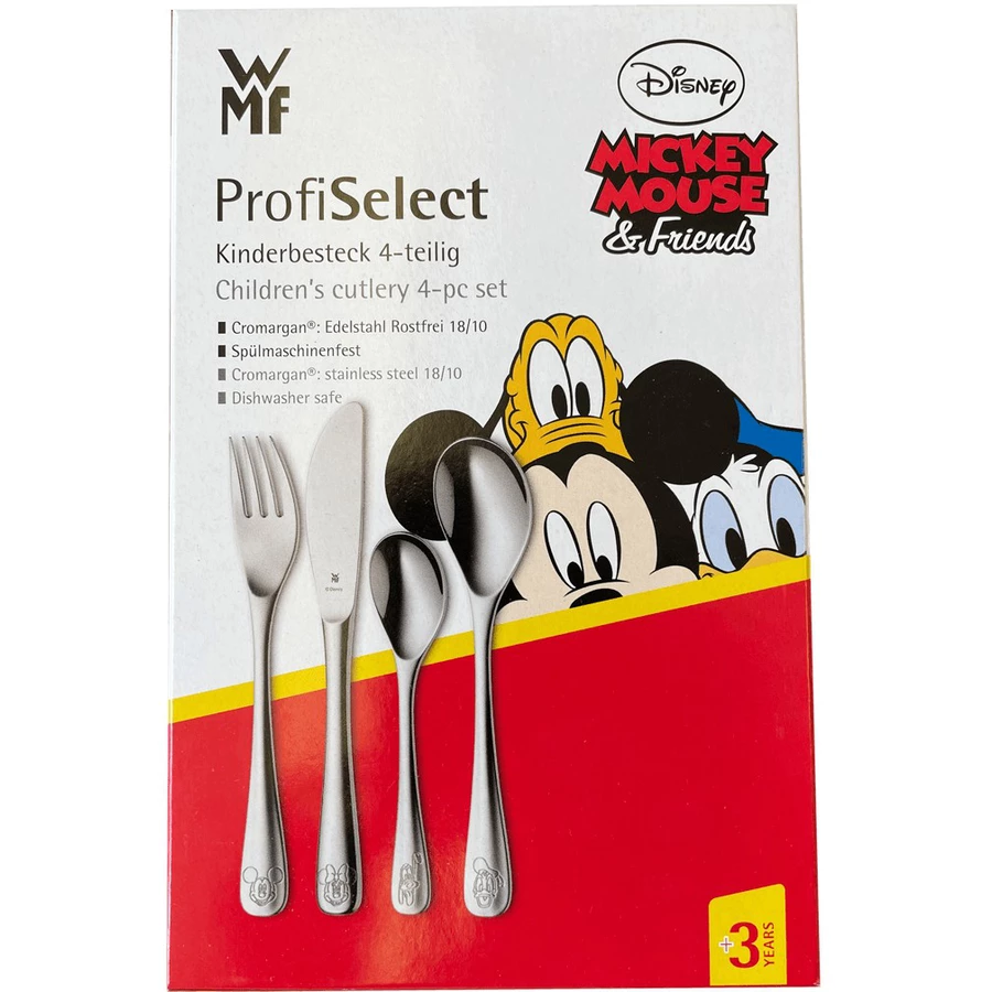Schnullireich Geschenkset mit Namen WMF Kinderbesteck Mickey & Friends + Lätzchen Pinguin Silber