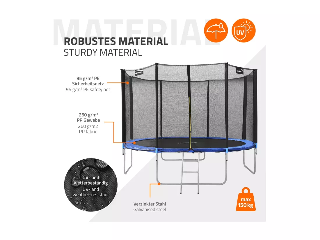 Hauki Trampoline Outdoor, Ø427 cm, bleu, certifié GS, trampoline de jardin rond pour enfants jusqu'à 150 kg, set complet avec filet de sécurité, échelle, couverture des bords, barres rembourrées, trampoline stable pour enfants