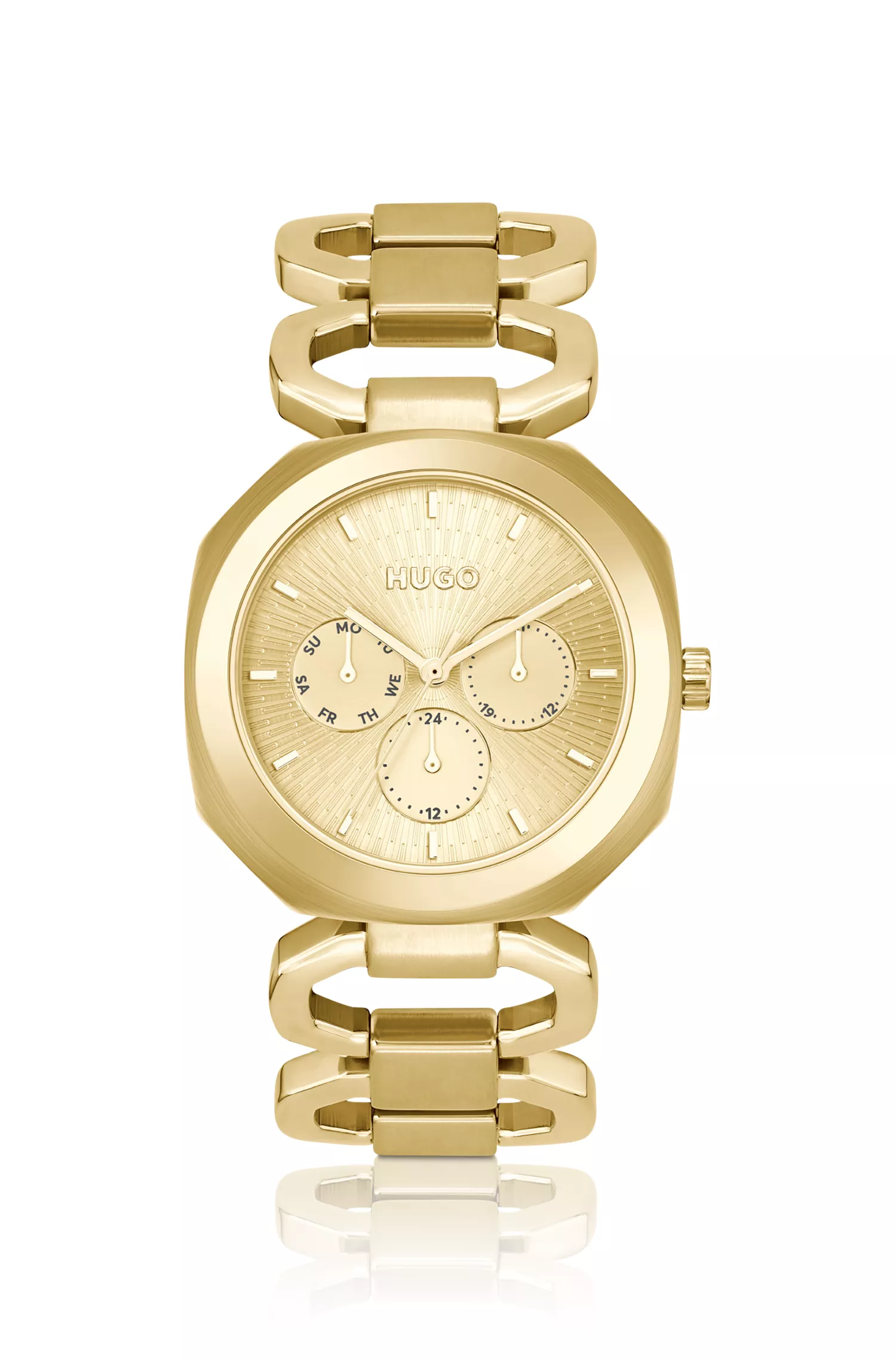 Relógio HUGO em tons de vermelho e dourado com pulseira de corrente.