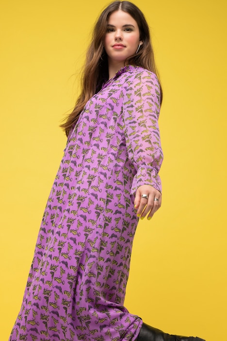 Maxikleid, A-Line, Chiffon, Tiger-Print, Volants, Rüschenkragen, Langarm