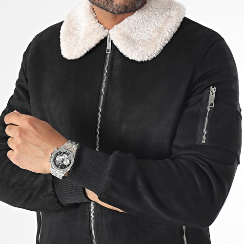 Bomber Suédine Col Mouton Noir