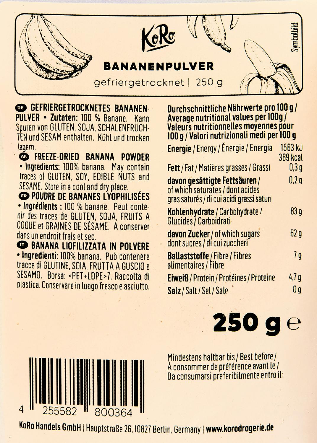 Gefriergetrocknetes Bananenpulver 250 g