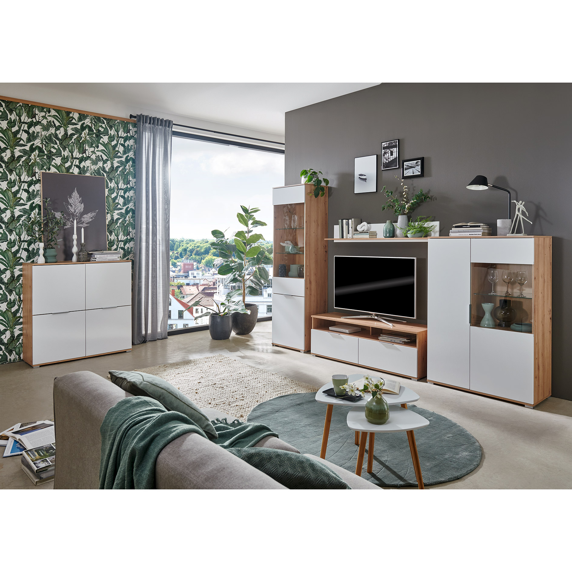 Standvitrine - weiß Glanz - Artisan Eiche - 195 cm hoch