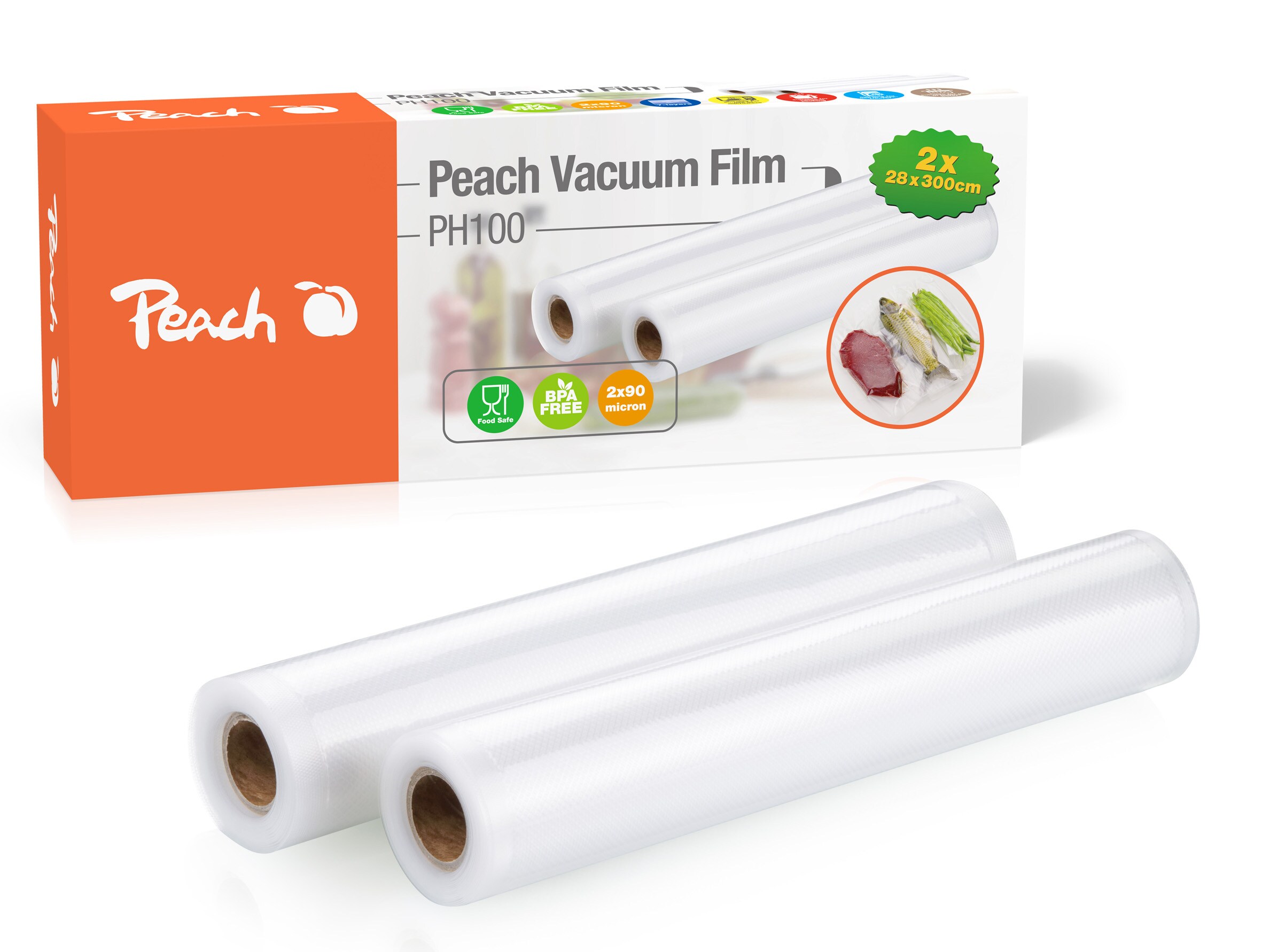 Peach Vakuumierfolie PH100, 2 Rollen 28x300cm, 2x90 mic, 7-lagig