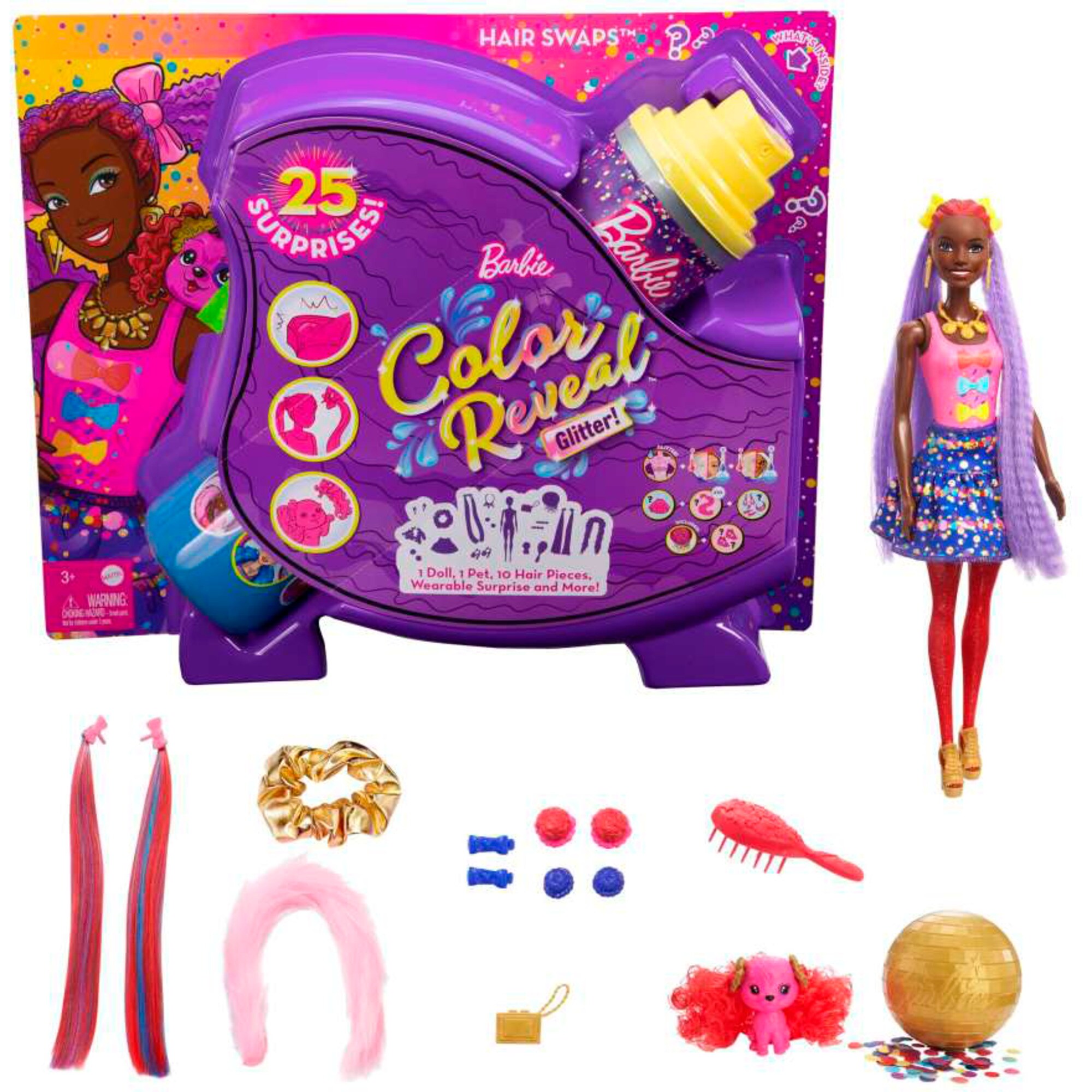 Mattel Puppe Barbie Color Reveal Glitzer! Haarwechsel Puppe Glitzerblau mit 25 Überraschungen