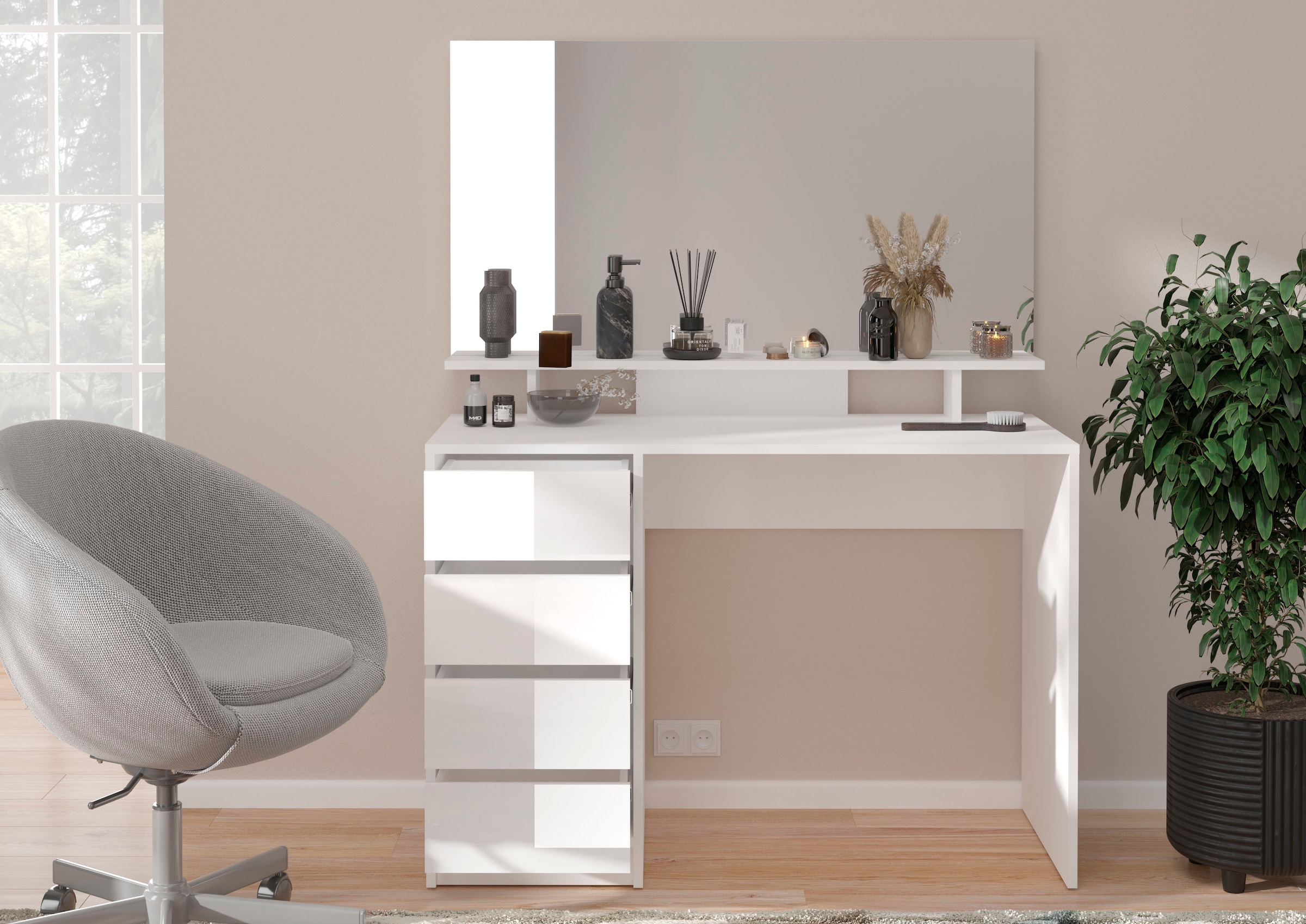 INOSIGN Schreibtisch »Pisa, Breite 110 cm, 4 Schubkästen, hochglanz Schubkastenfront« grifflose Optik, individuell einsetzbar, Schminktisch, Homeoffice