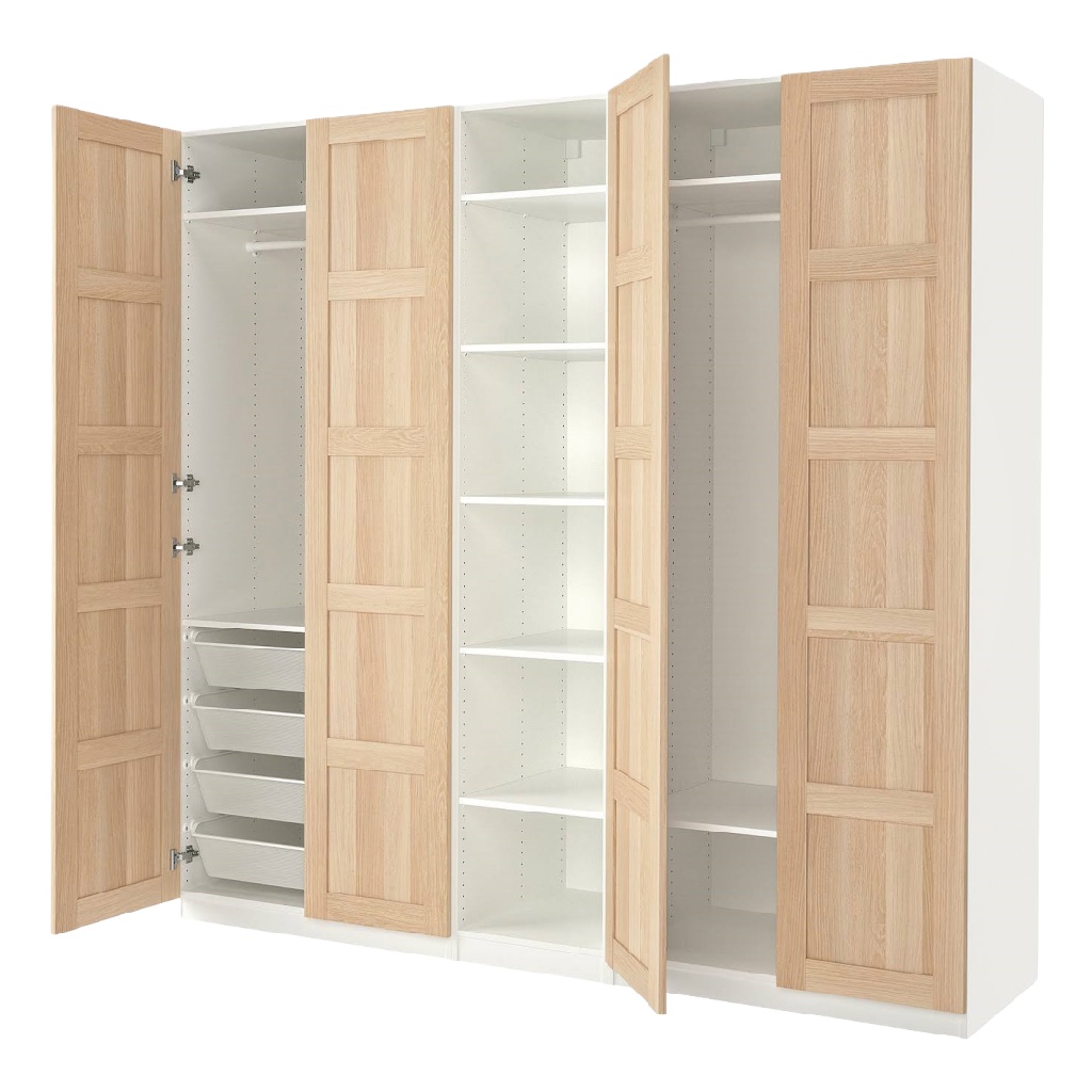 Grande armoire blanche et chêne clair à portes battantes – 3 modules avec penderie, étagères et tiroirs – 250×60×236 cm