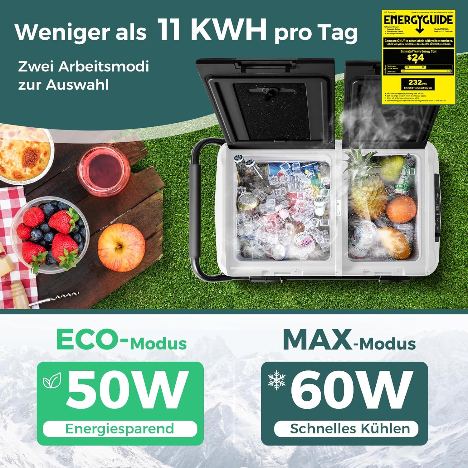 COSTWAY Kompressor Kühlbox 40L, elektrische Kühlbox mit 2 Kühlzonen, -20℃~20℃, USB Ladenanschluss, LED Anzeige, Mini Kühlschrank AC/DC für Autos, Büros Camping und Wohnheim, 45dB