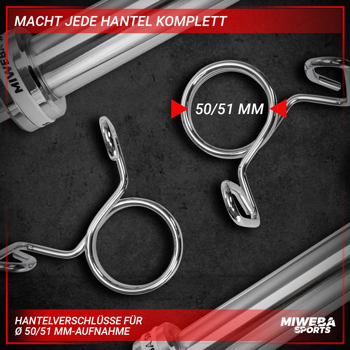 Miweba Sports Federverschluss, 2er-Set, für Olympiastangen mit ø 50/51mm, Hantelverschluss aus Stahl