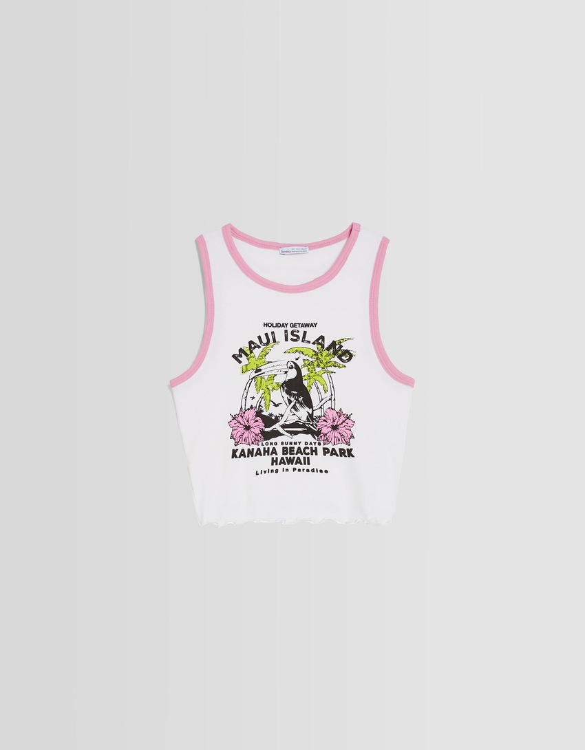 Camiseta cropped estampada sem mangas