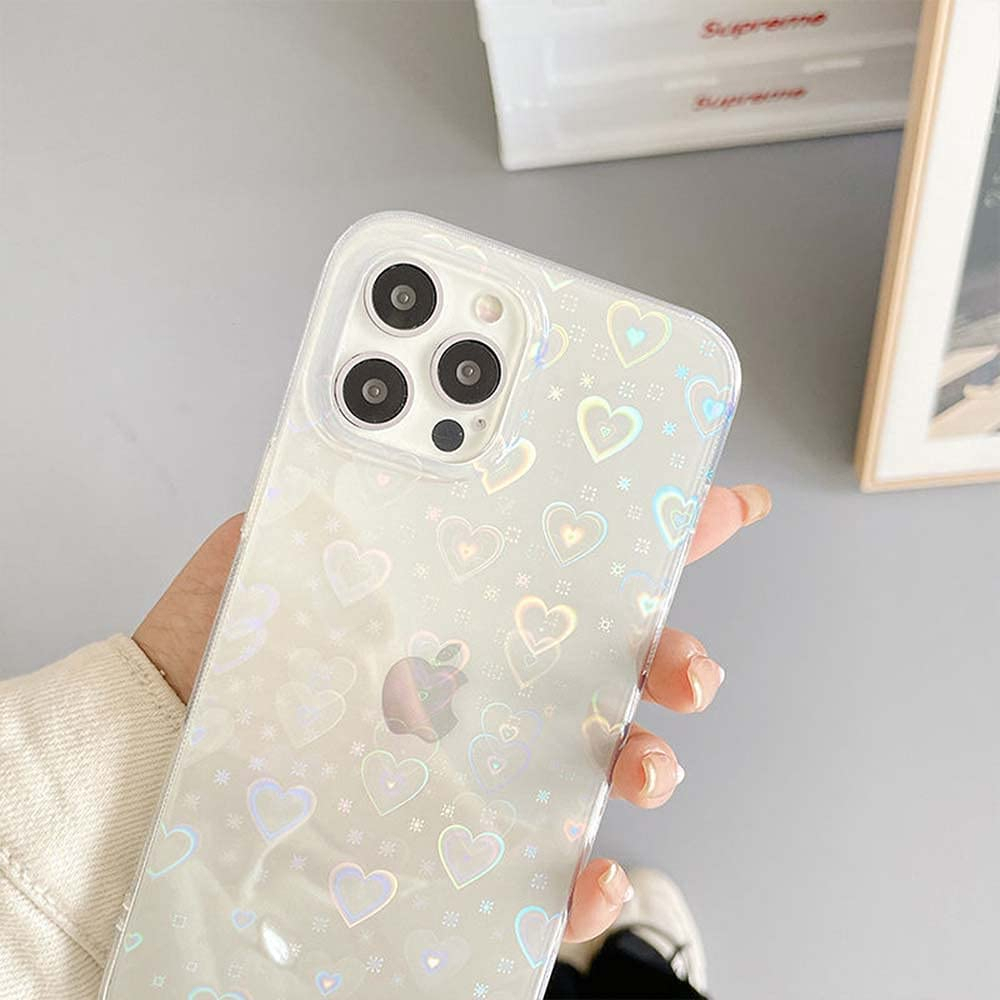 iPhone 16 Pro Hybrid Hülle TPU Bumper   Laser Hologramm Glitzer Herze - Transparent