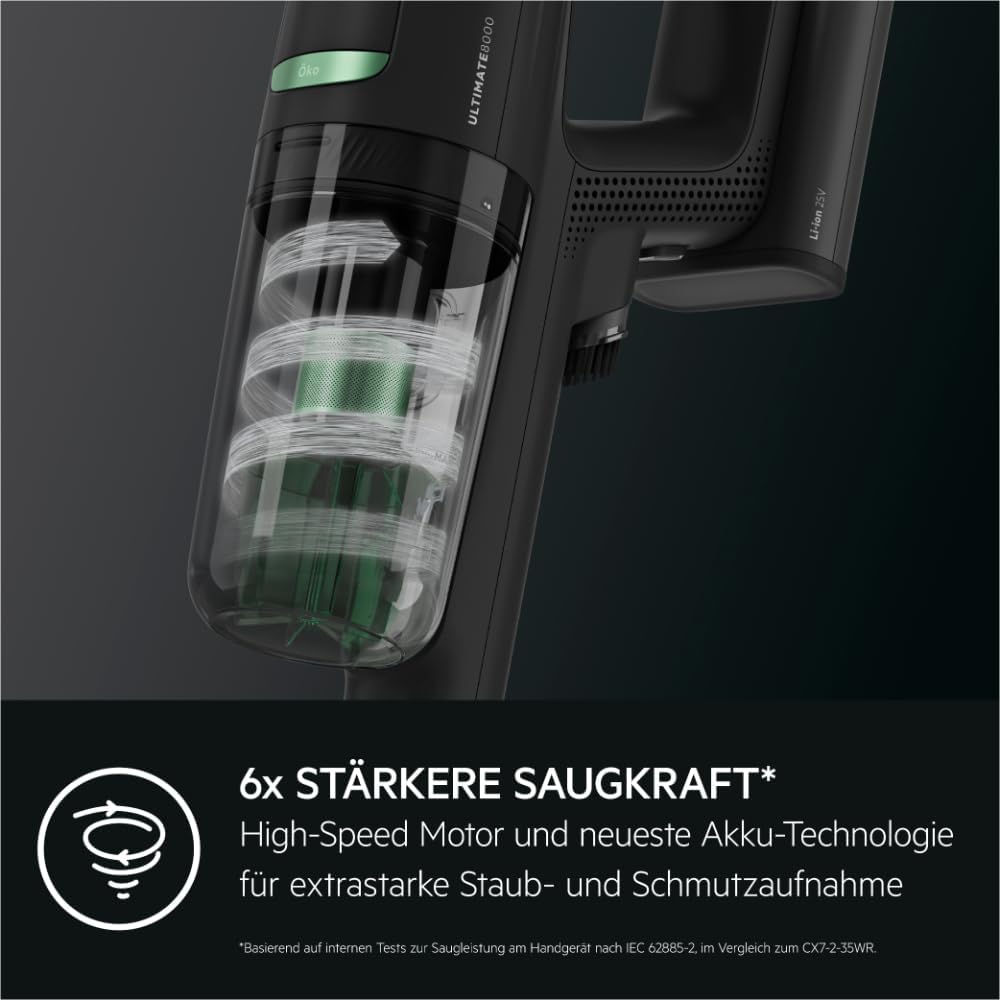 AEG ULTIMATE 8000 ÖKO AP81B25ÖKO Akku-Staubsauger / Automatik / 5-Stufen Filtration / digitale Anzeige / Multi-Bodendüse / 65% Recyclingmaterial / 3 Stufen / Akku wechselbar / 400ml / schwarz