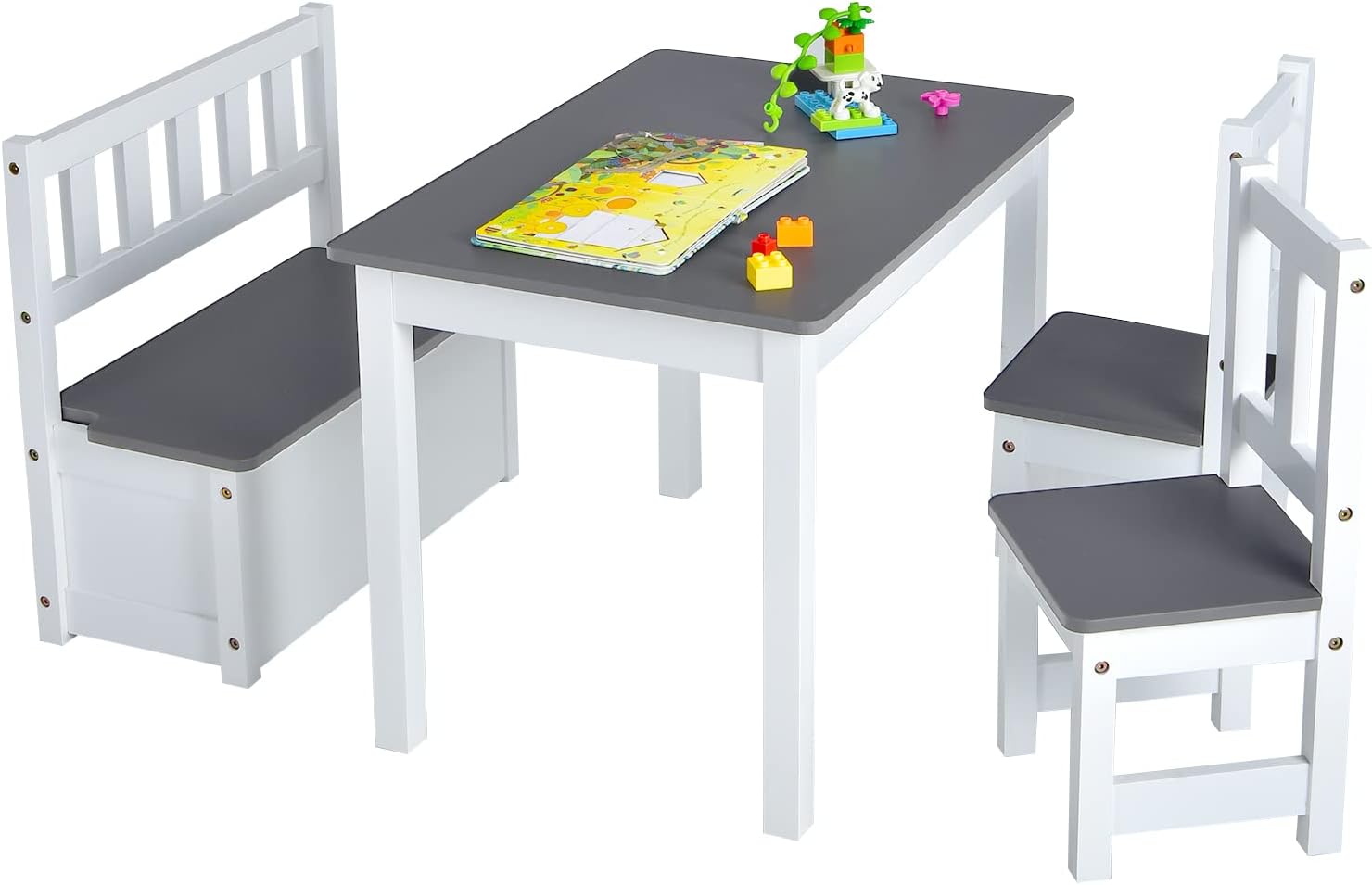 DREAMADE Kindertisch mit 2 Stühlen, Kindersitzgruppe mit 22L Strauraum, Kindertisch aus Holz, Kindertruhenbank Kindermöbelset Holzsitzgruppe für Kinderzimmer, Spielzimmer, Wohnzimmer (Grau)