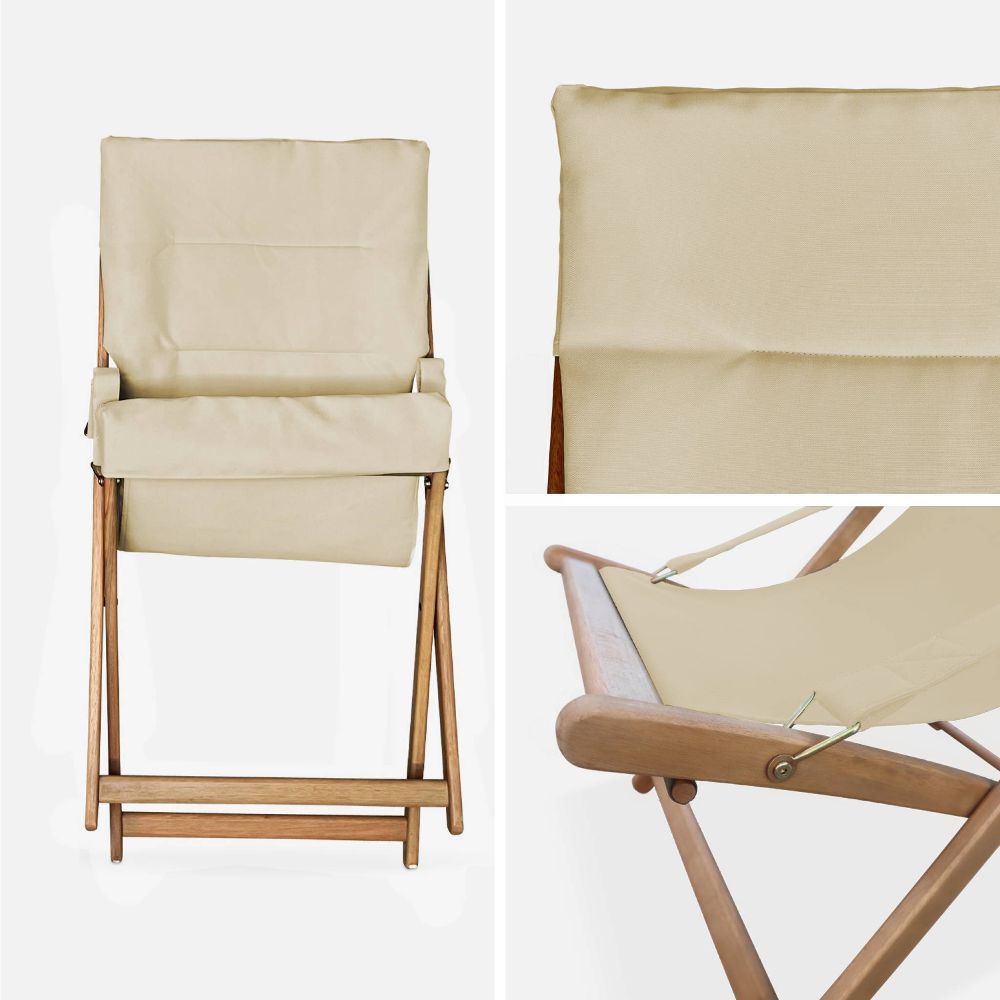 Lot de 2 chiliennes beige en bois. Pliables. Assise rembourrée