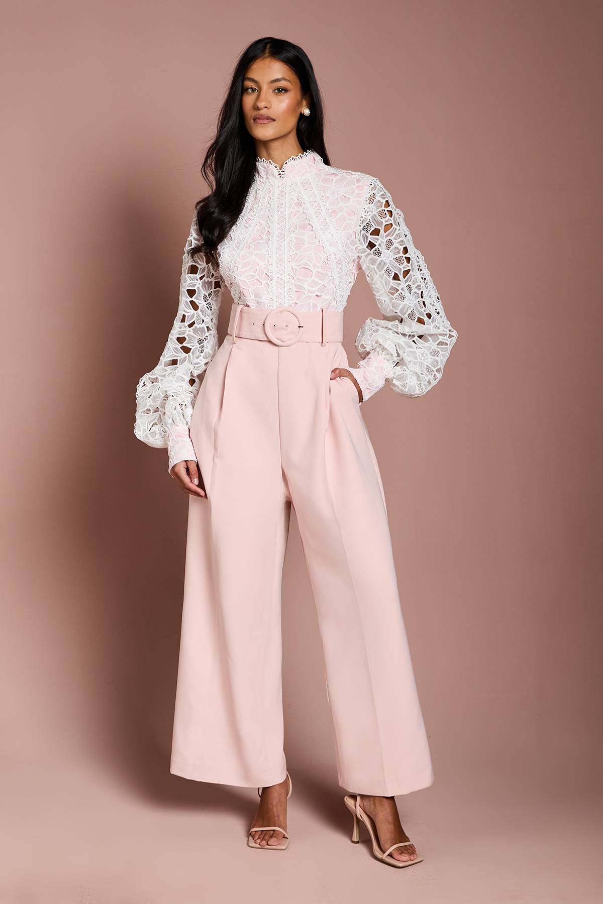Coast Combinaison Longue Manches Longues en Organza Dentelle avec Ceinture Petite